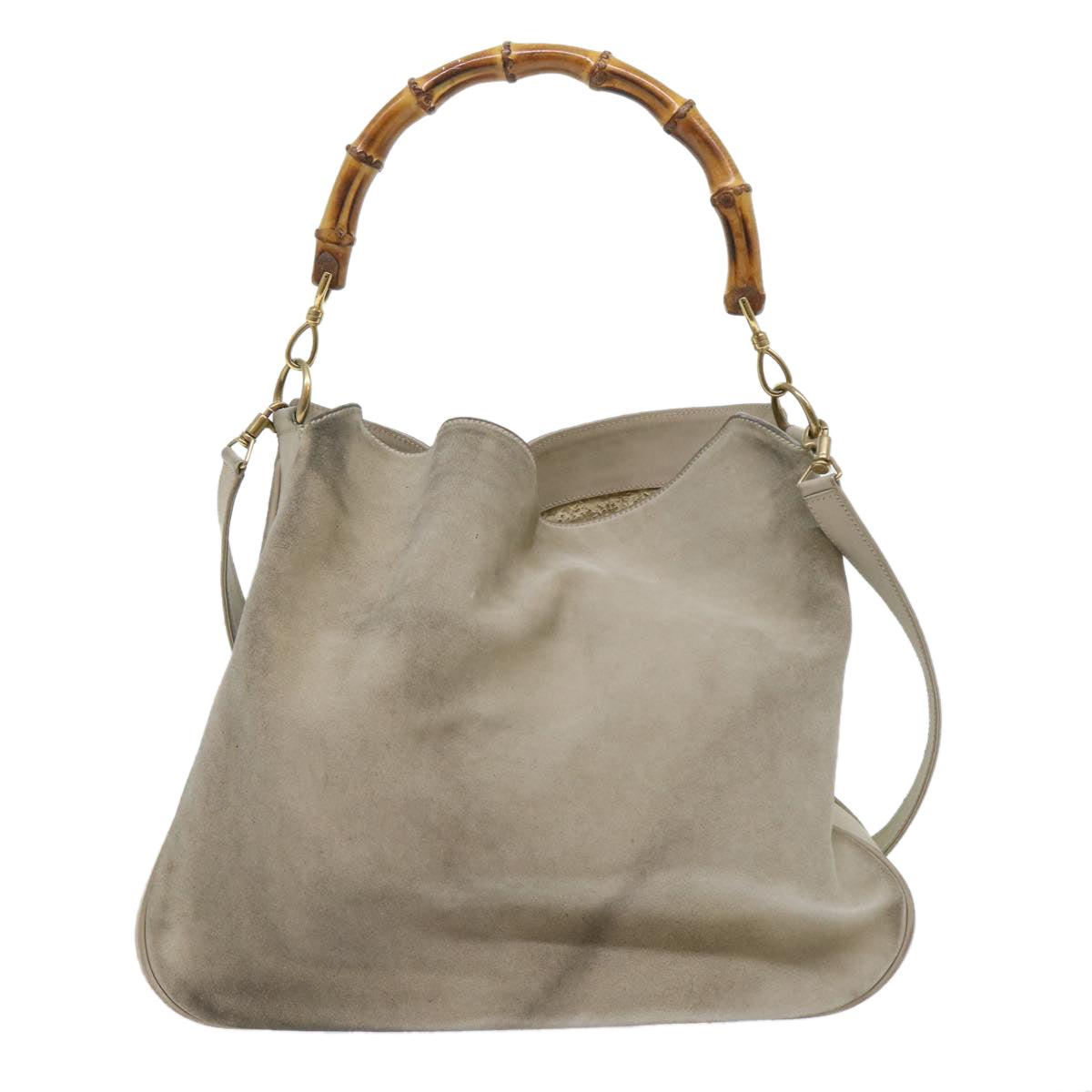 GUCCI Bamboo Shoulder Bag Suede 2way Beige Auth 53270