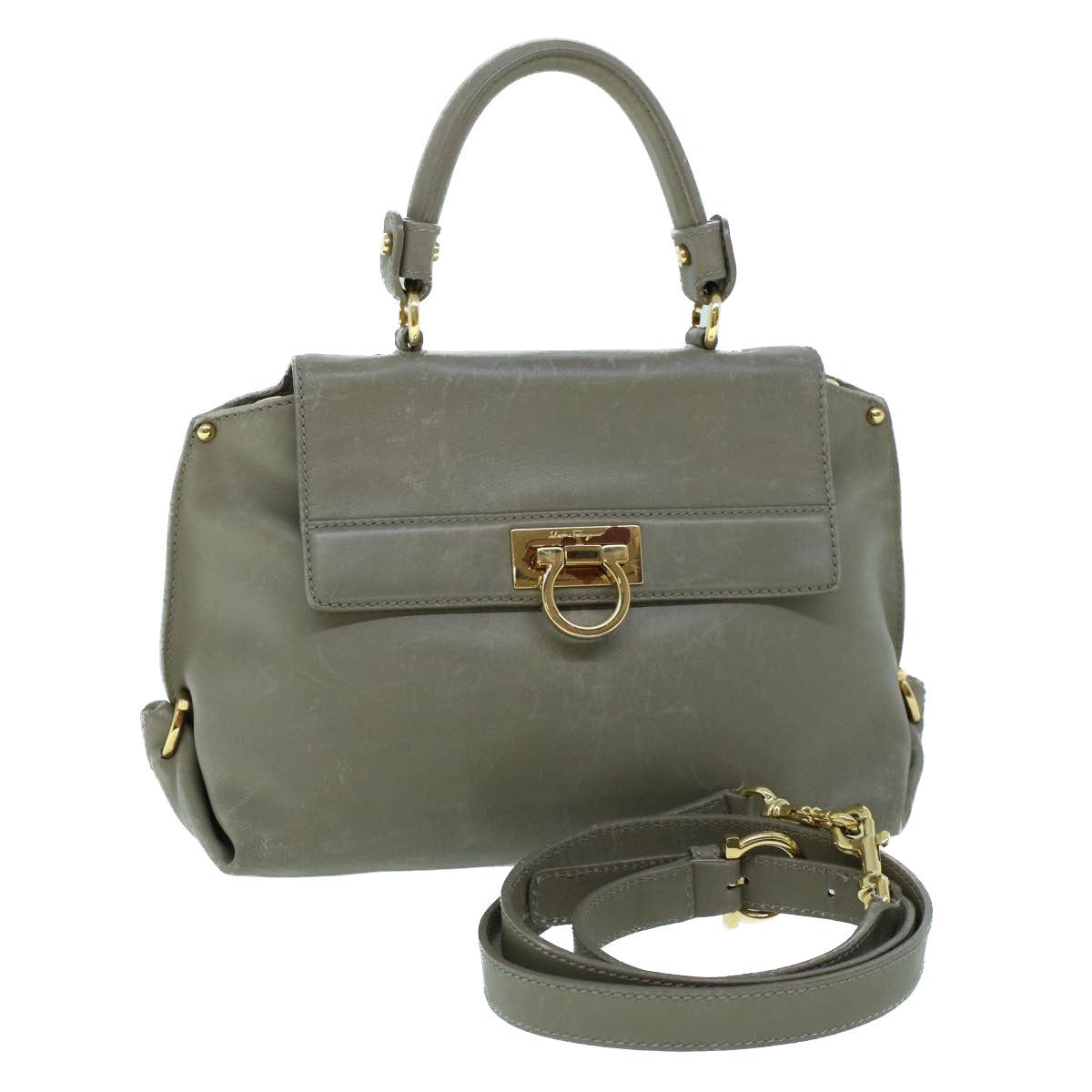 Salvatore Ferragamo Sofia Gancini Shoulder Bag Leather 2way Gray Auth 53276