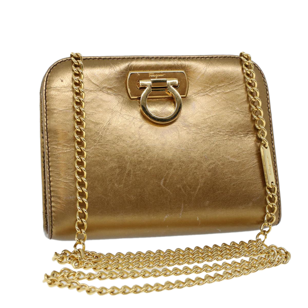 Salvatore Ferragamo Gancini Chain Shoulder Bag Leather Gold Auth 53278