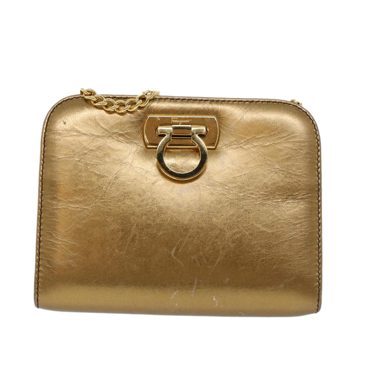 Salvatore Ferragamo Gancini Chain Shoulder Bag Leather Gold Auth 53278