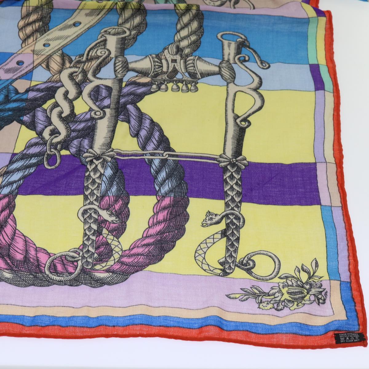 HERMES Carre 140 DELLA CAVALLERIA Scarf Silk Wool Purple Multicolor Auth 53290