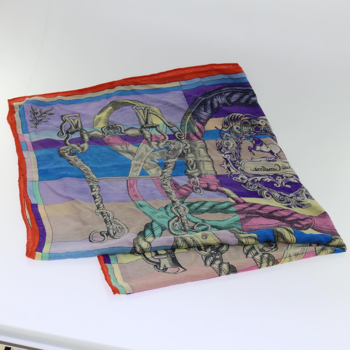 HERMES Carre 140 DELLA CAVALLERIA Scarf Silk Wool Purple Multicolor Auth 53290