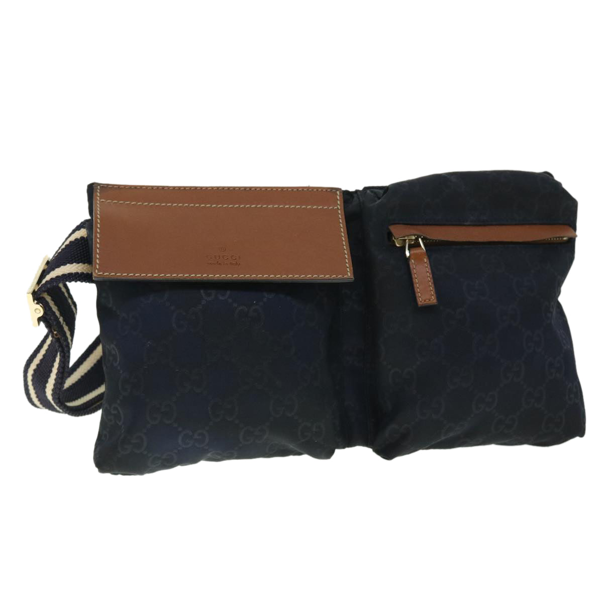 GUCCI GG Canvas Sherry Line Waist bag Navy White 28566 Auth 53375