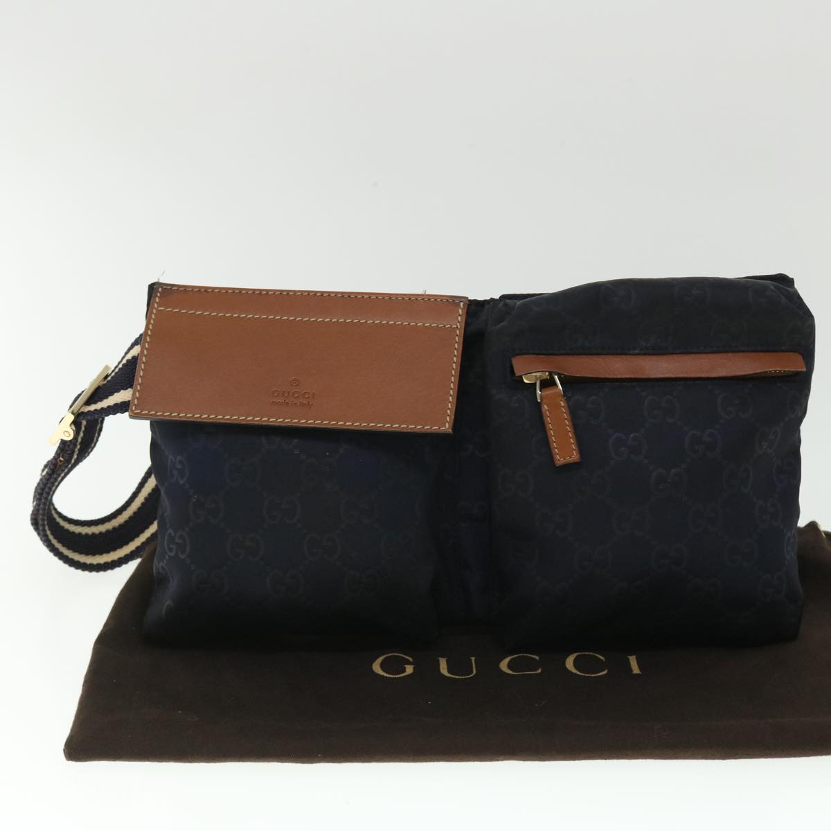 GUCCI GG Canvas Sherry Line Waist bag Navy White 28566 Auth 53375