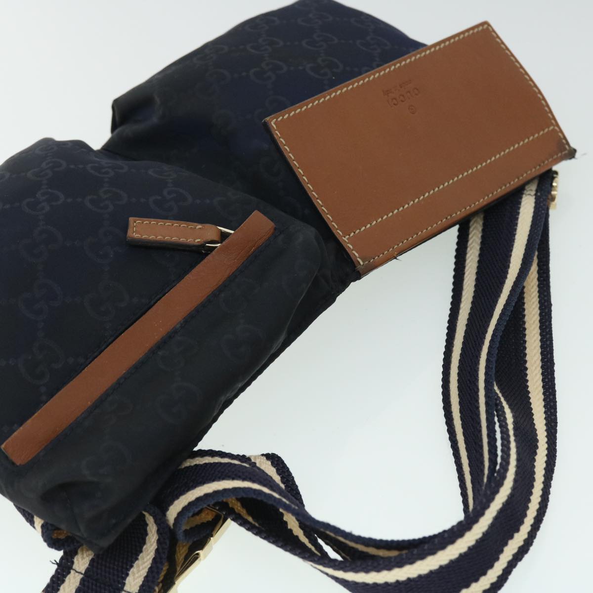 GUCCI GG Canvas Sherry Line Waist bag Navy White 28566 Auth 53375