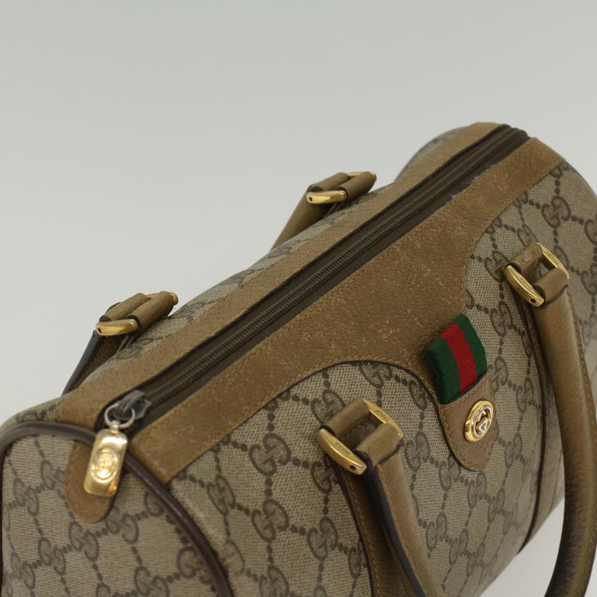 GUCCI GG Canvas Web Sherry Line Boston Bag Beige Red Green Auth 53399