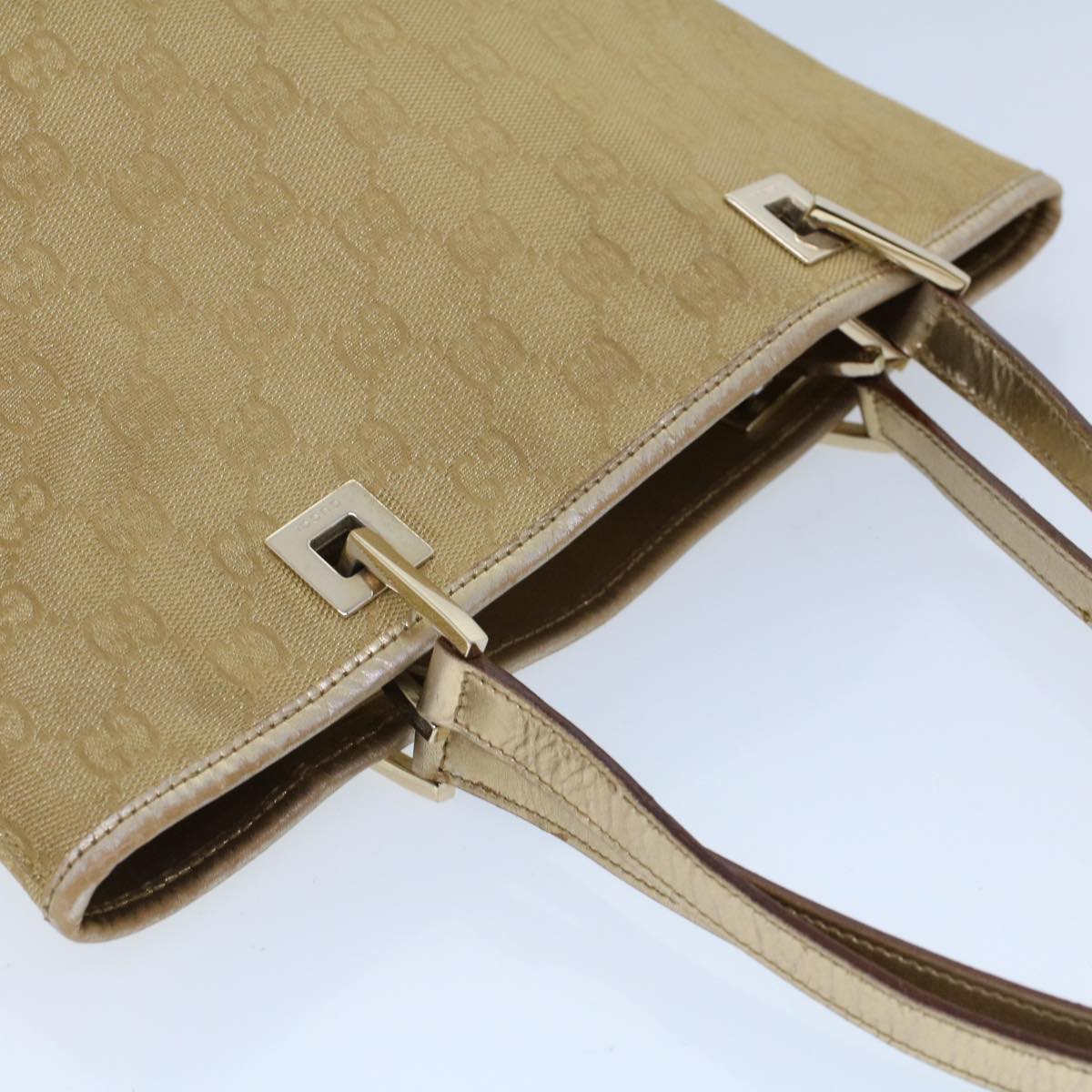 GUCCI GG Canvas Hand Bag Canvas Leather Gold Auth 53657