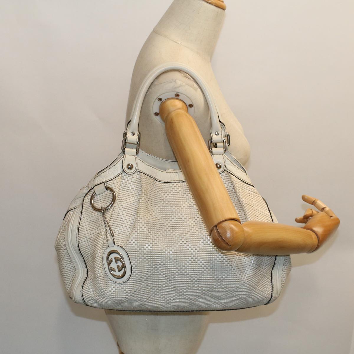 GUCCI Hand Bag Straw Leather White 211944 Auth 53671