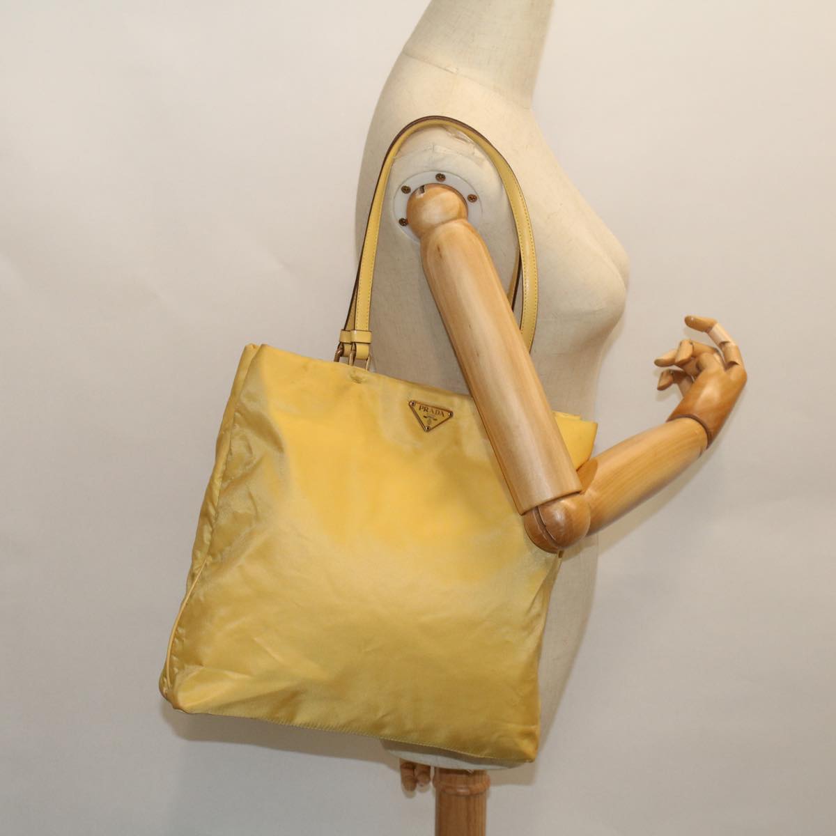 PRADA Tote Bag Nylon Leather Yellow Auth 53710