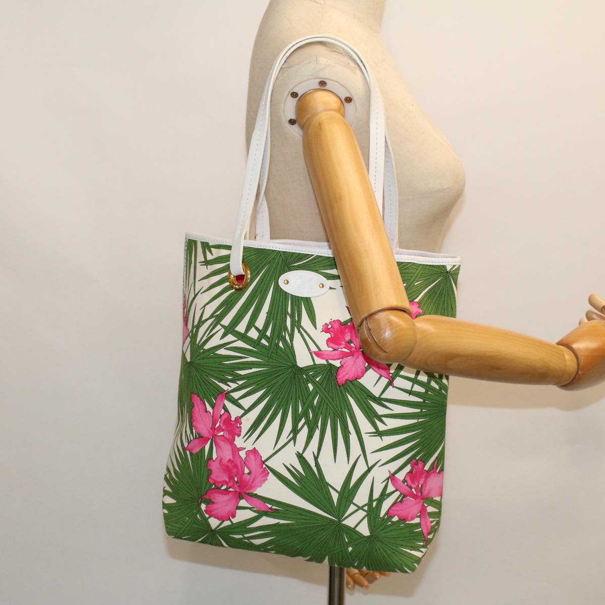 CELINE Botanical Pattern Tote Bag Canvas Green Pink Auth 53737