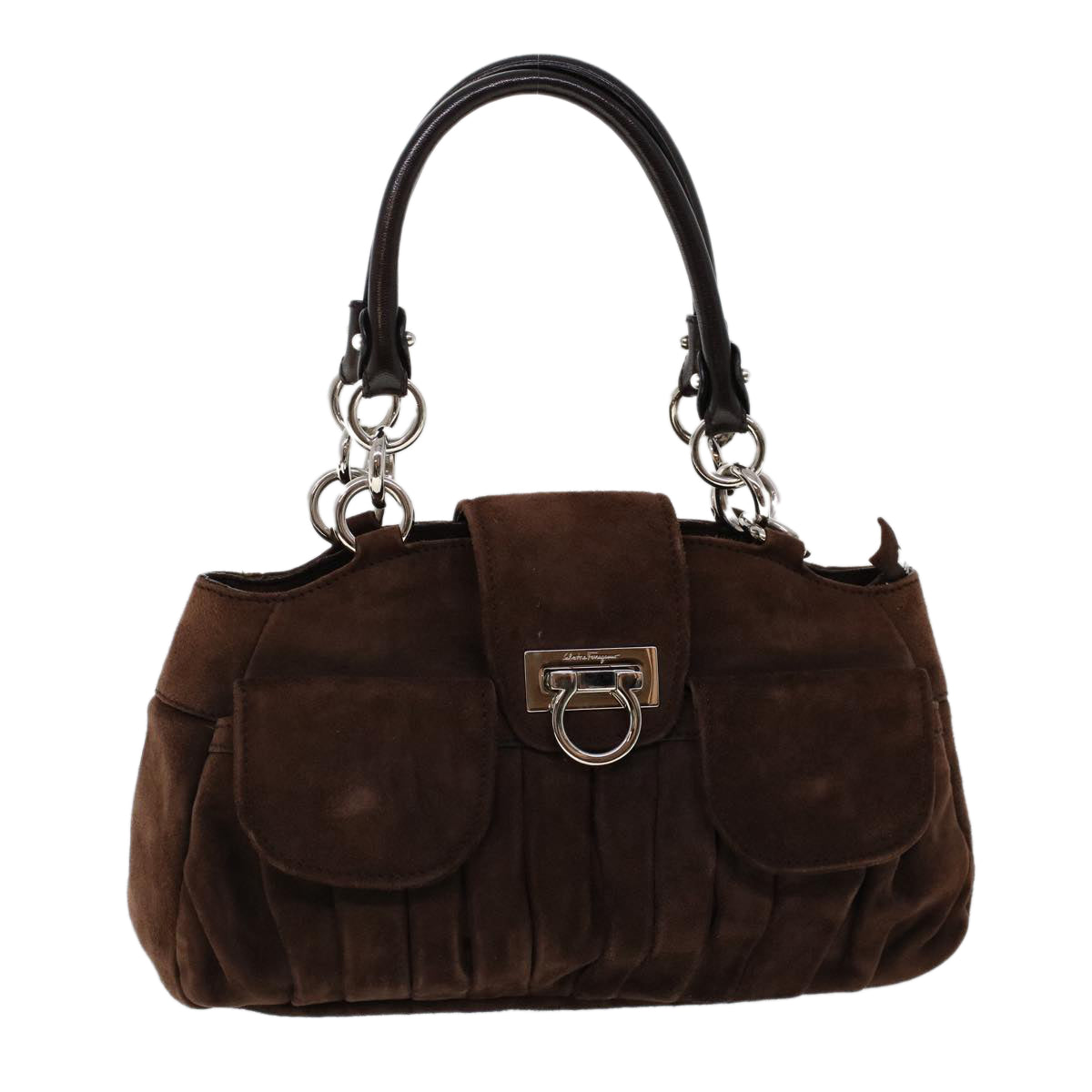 Salvatore Ferragamo Gancini Hand Bag Suede Brown Auth 53738