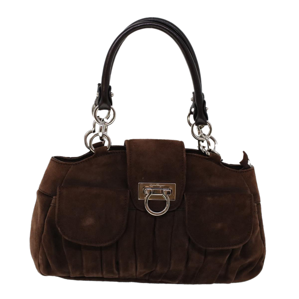 Salvatore Ferragamo Gancini Hand Bag Suede Brown Auth 53738