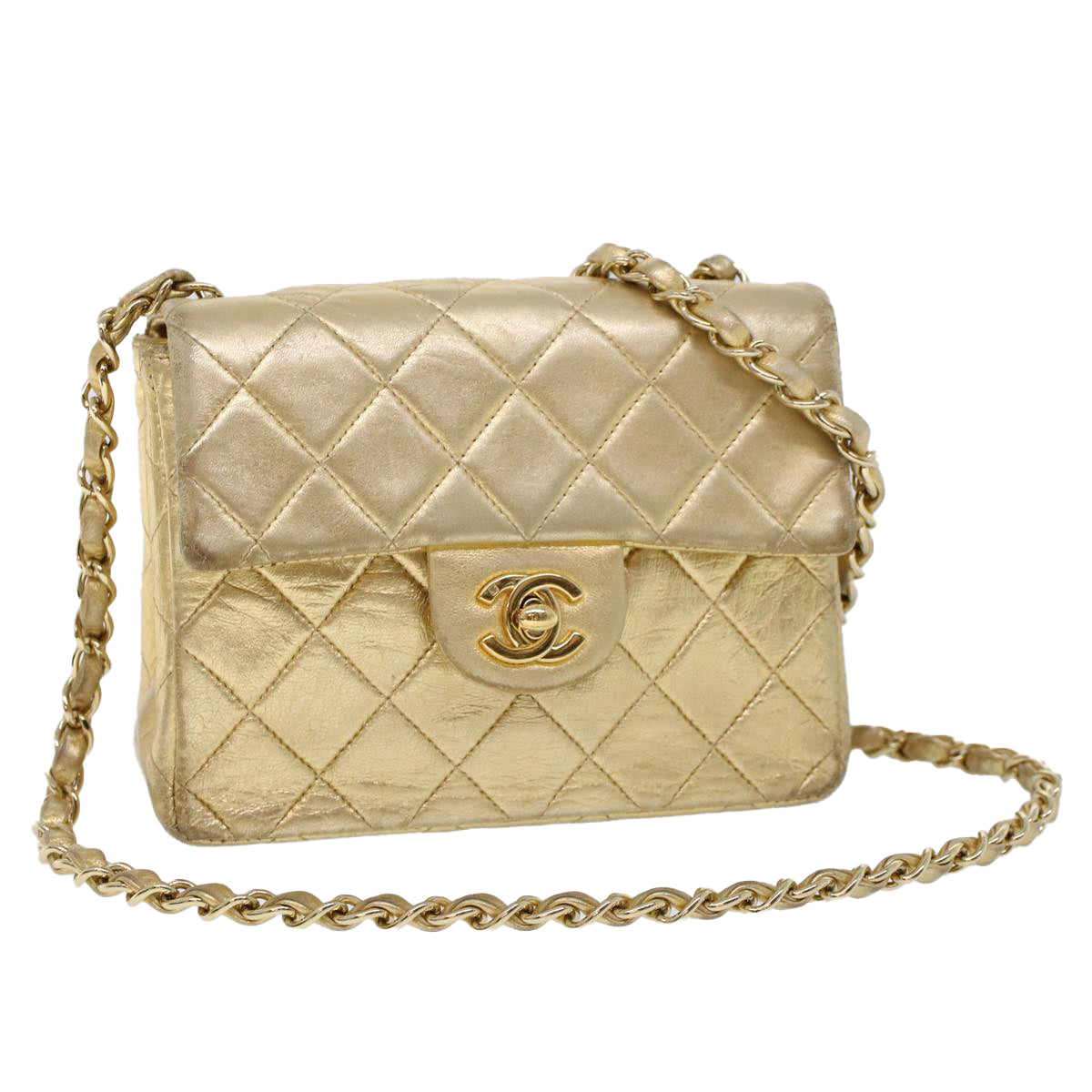 CHANEL Matelasse Turn Lock Chain Shoulder Bag Lamb Skin Gold CC Auth 53752A