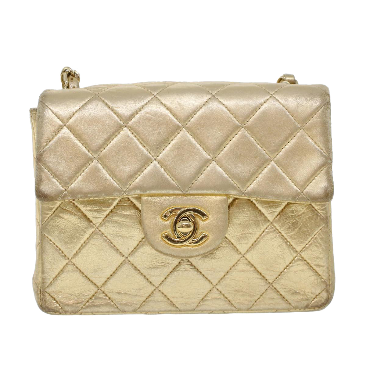 CHANEL Matelasse Turn Lock Chain Shoulder Bag Lamb Skin Gold CC Auth 53752A