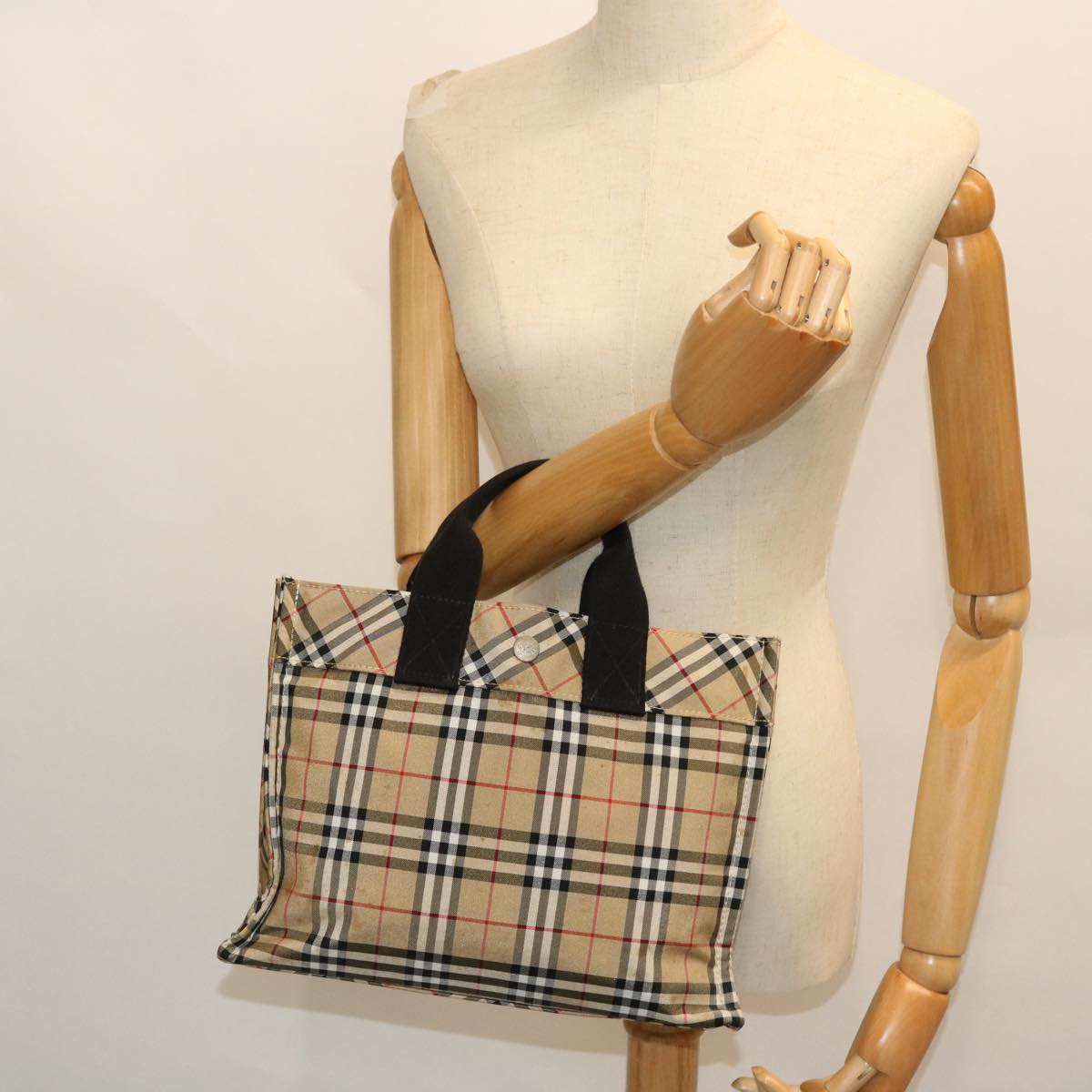 BURBERRY Nova Check Blue Label Hand Bag Nylon Leather Beige Black Auth 53784