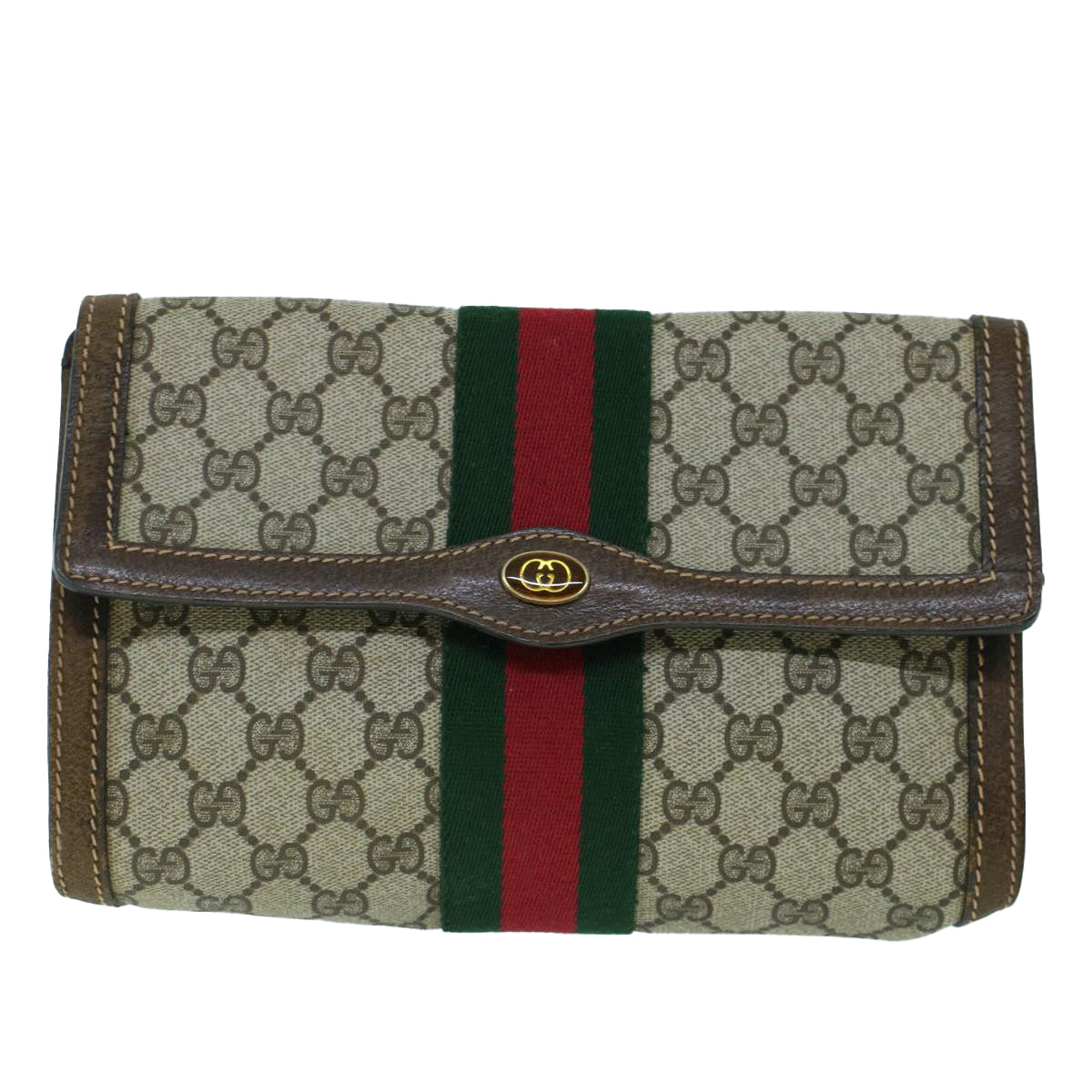 GUCCI GG Canvas Web Sherry Line Clutch Bag PVC Leather Beige Green Auth 54003