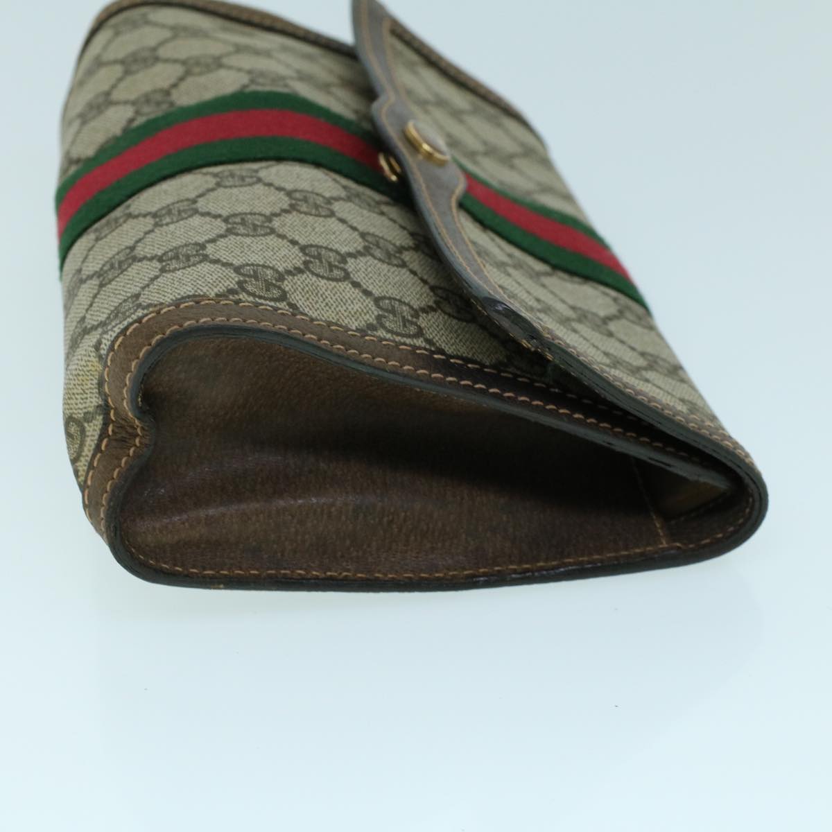 GUCCI GG Canvas Web Sherry Line Clutch Bag PVC Leather Beige Green Auth 54003