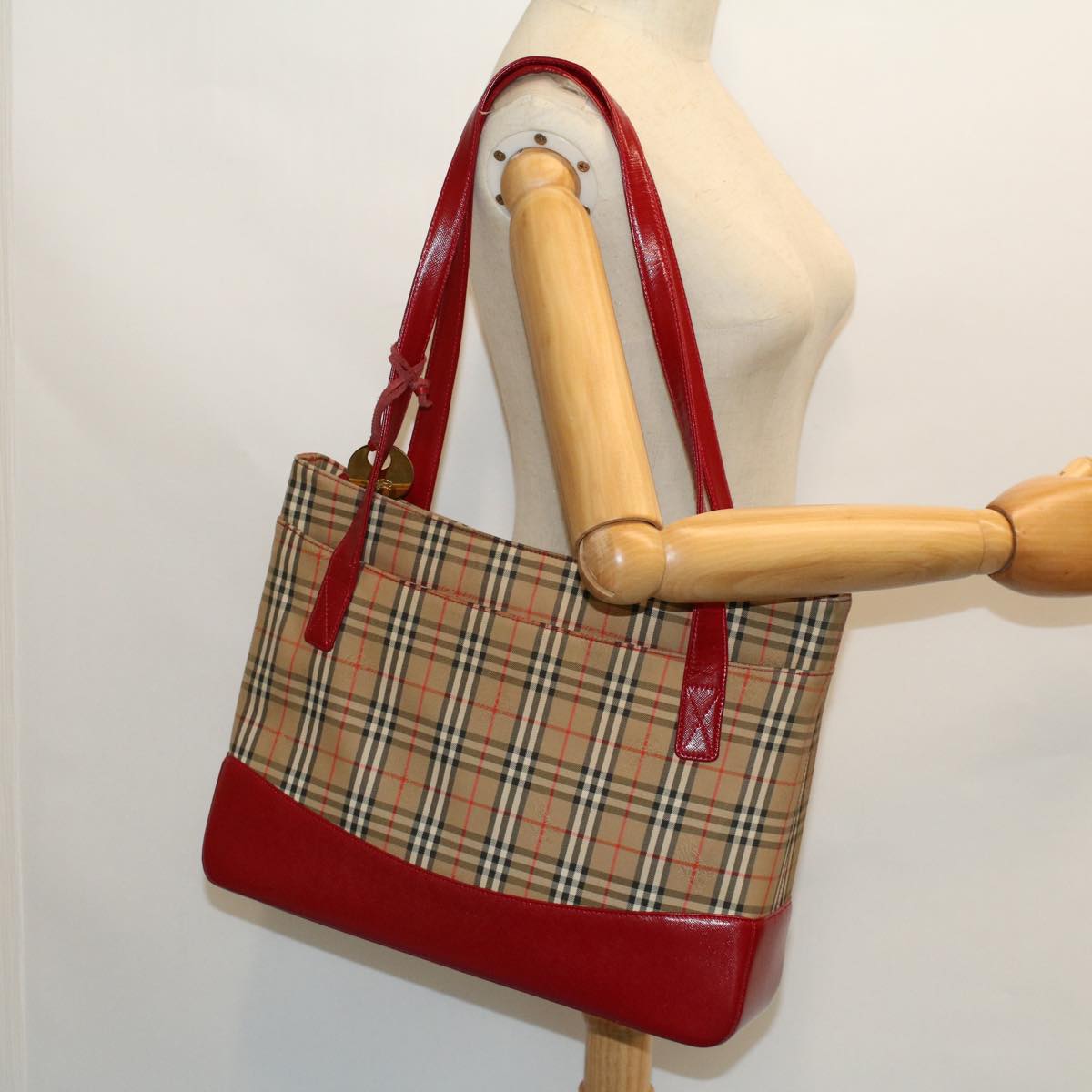 BURBERRY Nova Check Tote Bag Canvas Leather Beige Red Auth 54024