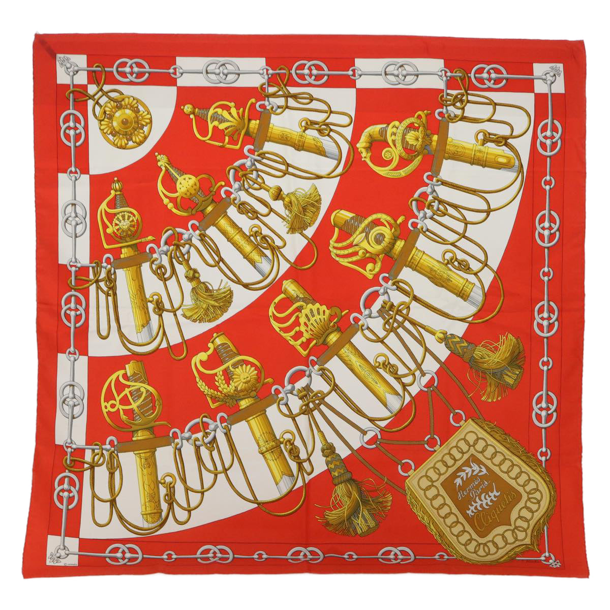 HERMES Carre 90 Cliquetis Scarf Silk Orange White Auth 54053