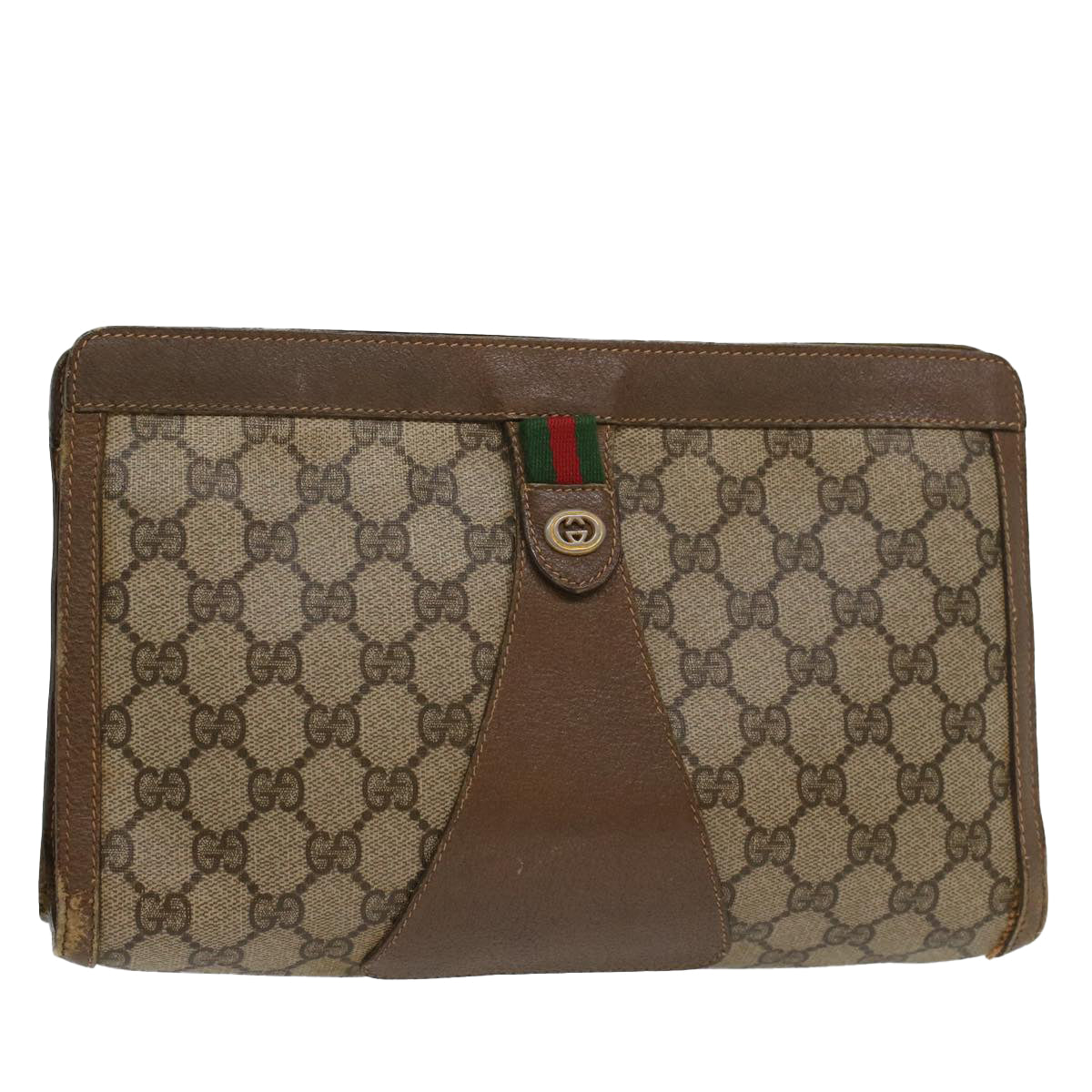 GUCCI GG Canvas Web Sherry Line Clutch Bag PVC Leather Beige Red Auth 54354