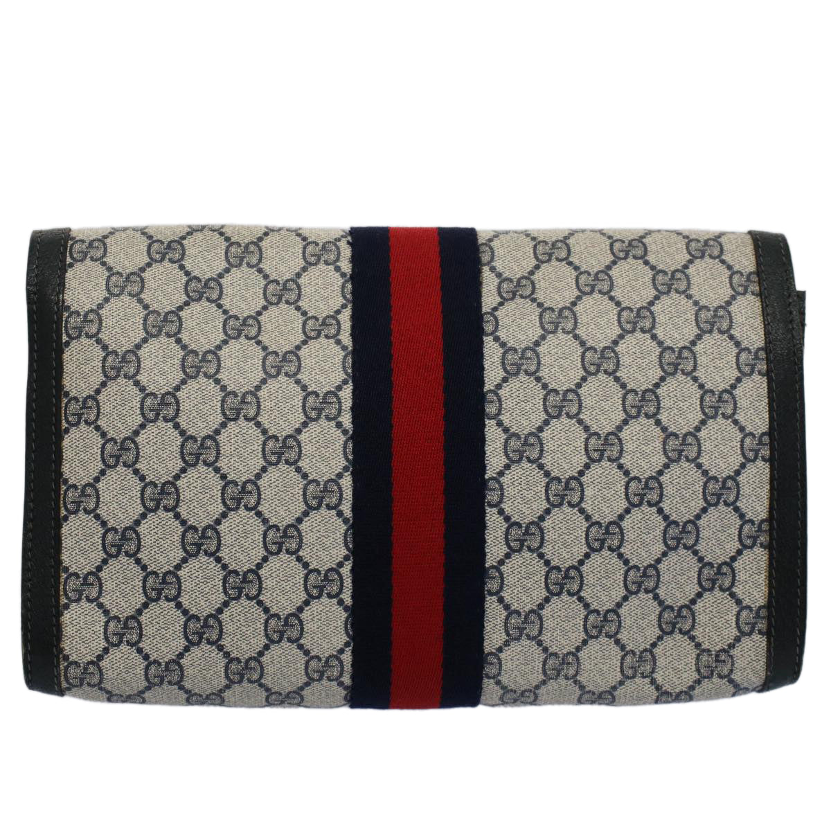 GUCCI GG Canvas Sherry Line Clutch Bag Gray Red Navy 41 014 3087 30 Auth 54692