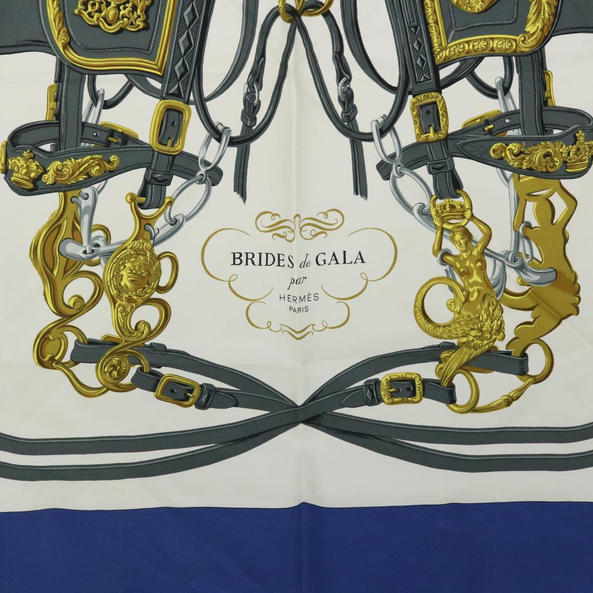 HERMES Carre 90 BRIDES de GALA Scarf Silk Blue White Auth 54719