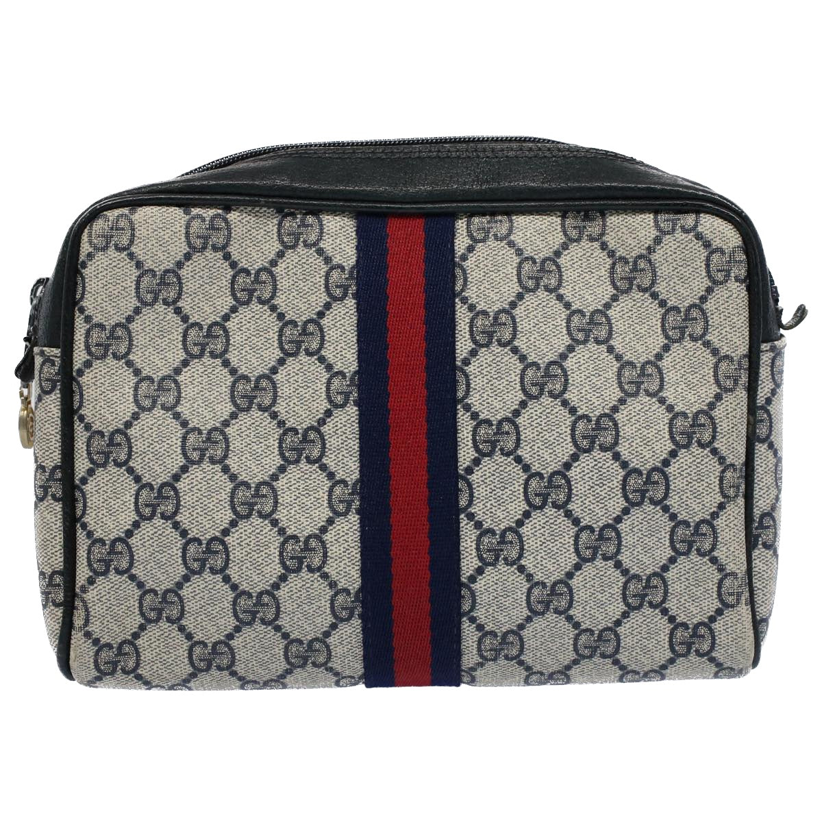 GUCCI GG Canvas Sherry Line Clutch Bag Gray Red Navy 010 378 Auth 54723