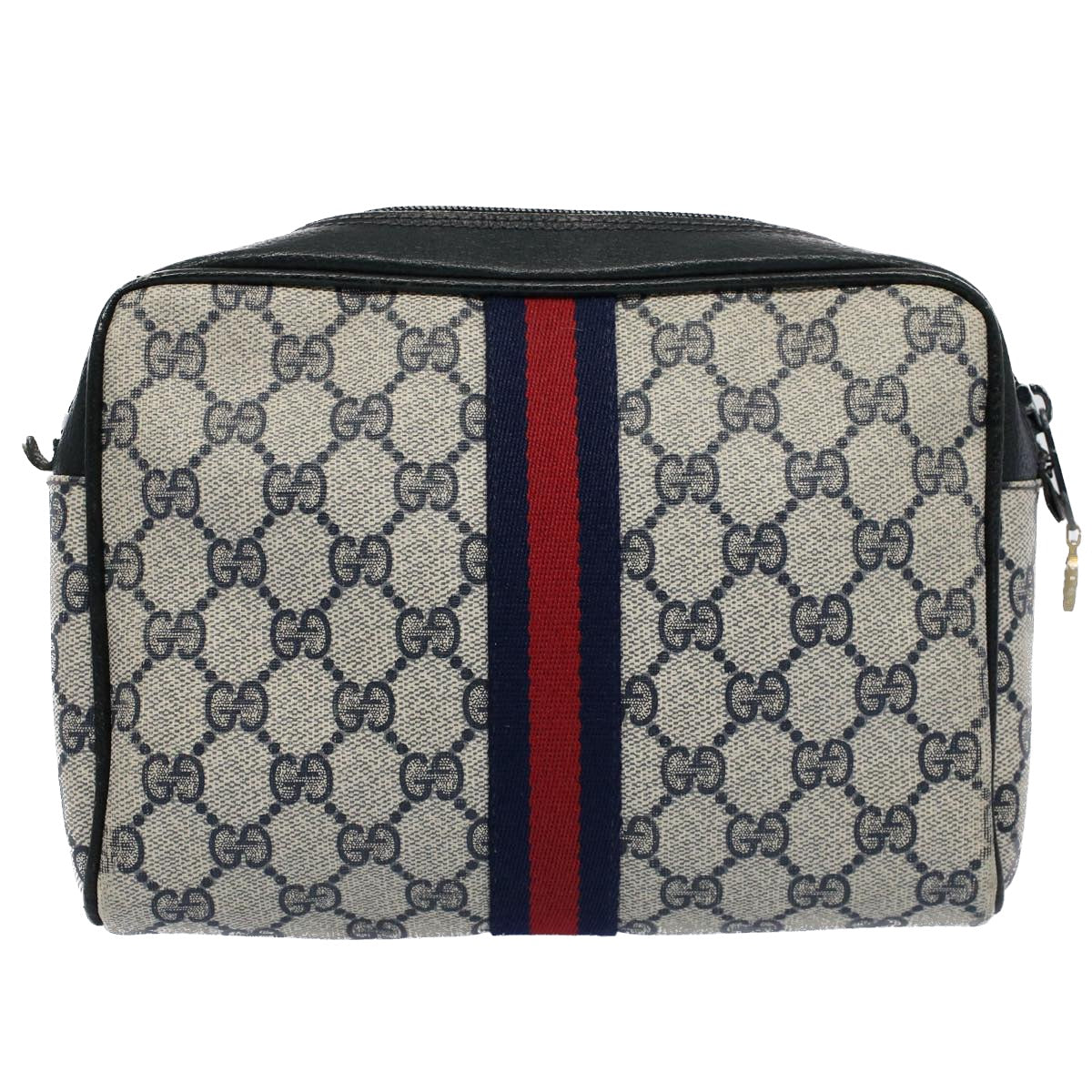 GUCCI GG Canvas Sherry Line Clutch Bag Gray Red Navy 010 378 Auth 54723