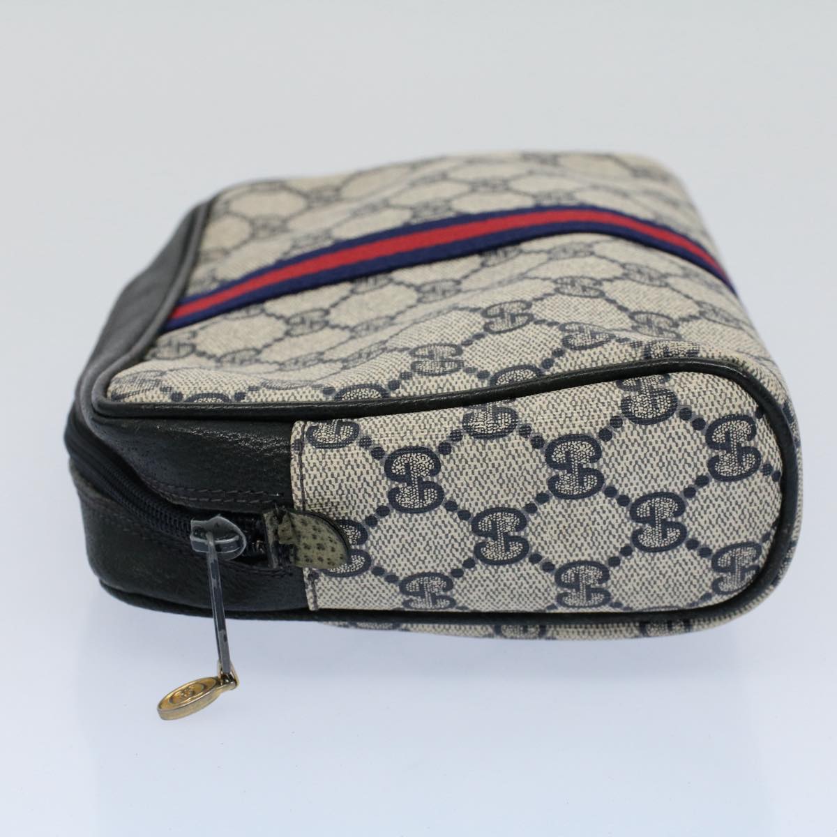 GUCCI GG Canvas Sherry Line Clutch Bag Gray Red Navy 010 378 Auth 54723