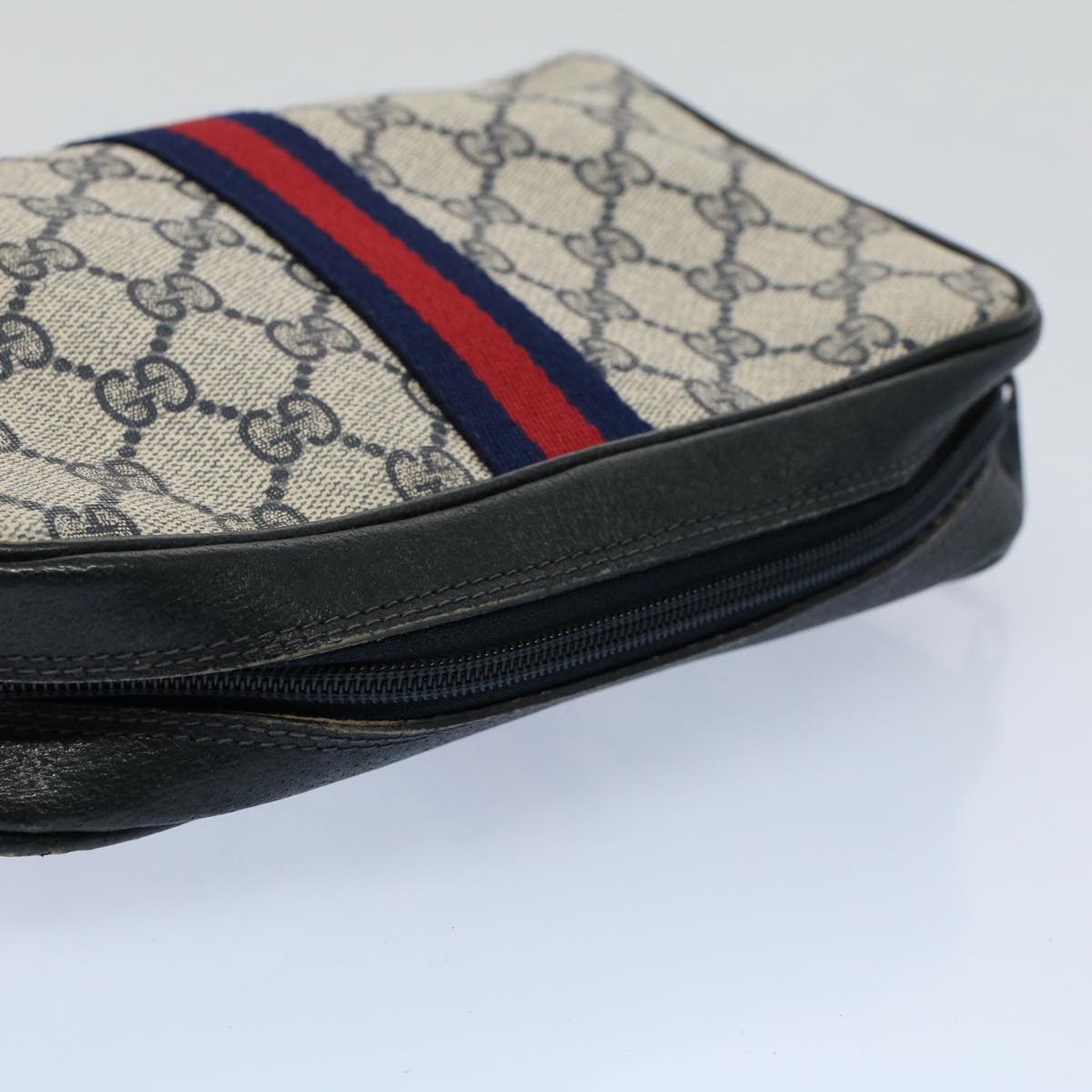 GUCCI GG Canvas Sherry Line Clutch Bag Gray Red Navy 010 378 Auth 54723