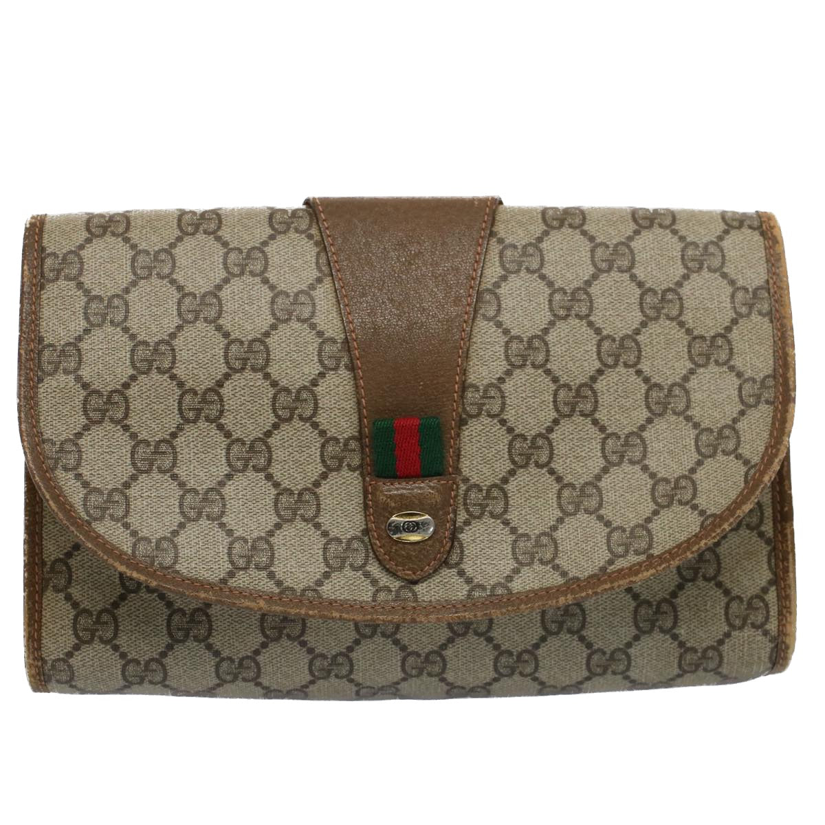 GUCCI GG Canvas Web Sherry Line Clutch Bag Beige Red Green 89 01 030 Auth 54732