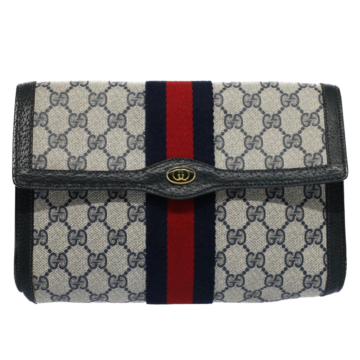 GUCCI GG Canvas Sherry Line Clutch Bag Gray Red Navy 89 01 006 Auth 54747