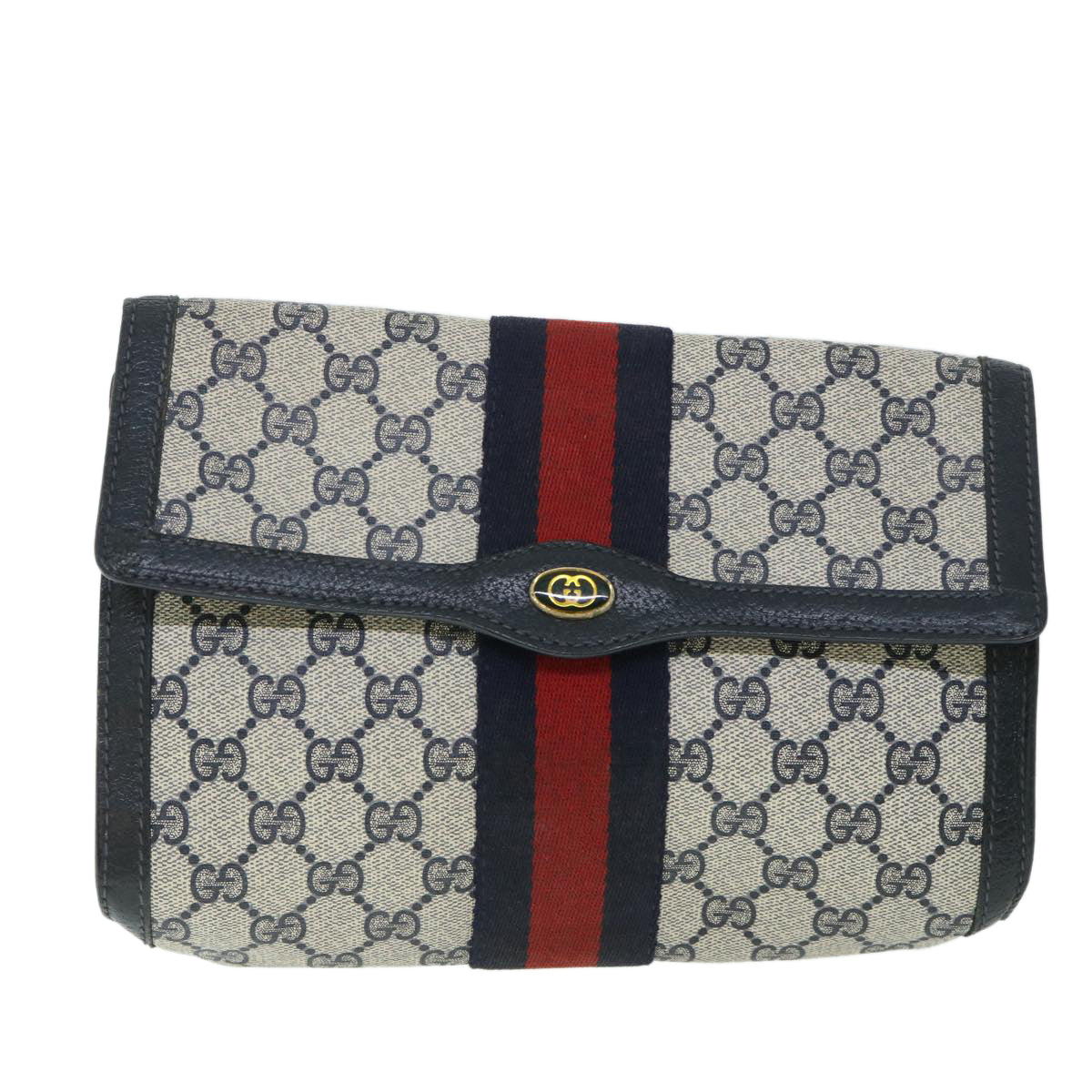 GUCCI GG Canvas Sherry Line Clutch Bag PVC Leather Navy Red Auth 54774