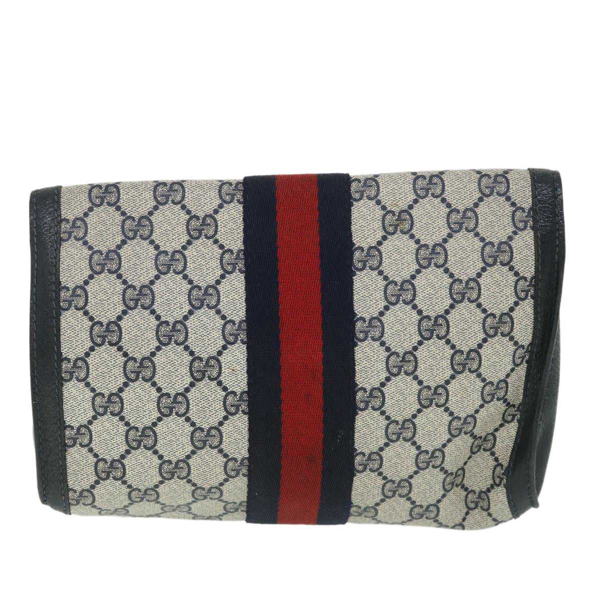 GUCCI GG Canvas Sherry Line Clutch Bag PVC Leather Navy Red Auth 54774