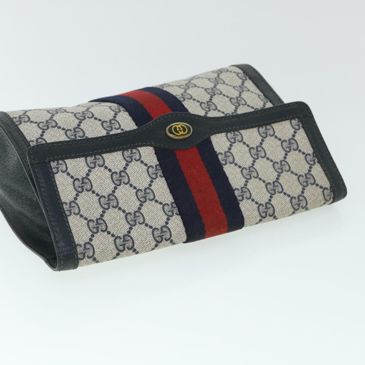 GUCCI GG Canvas Sherry Line Clutch Bag PVC Leather Navy Red Auth 54774