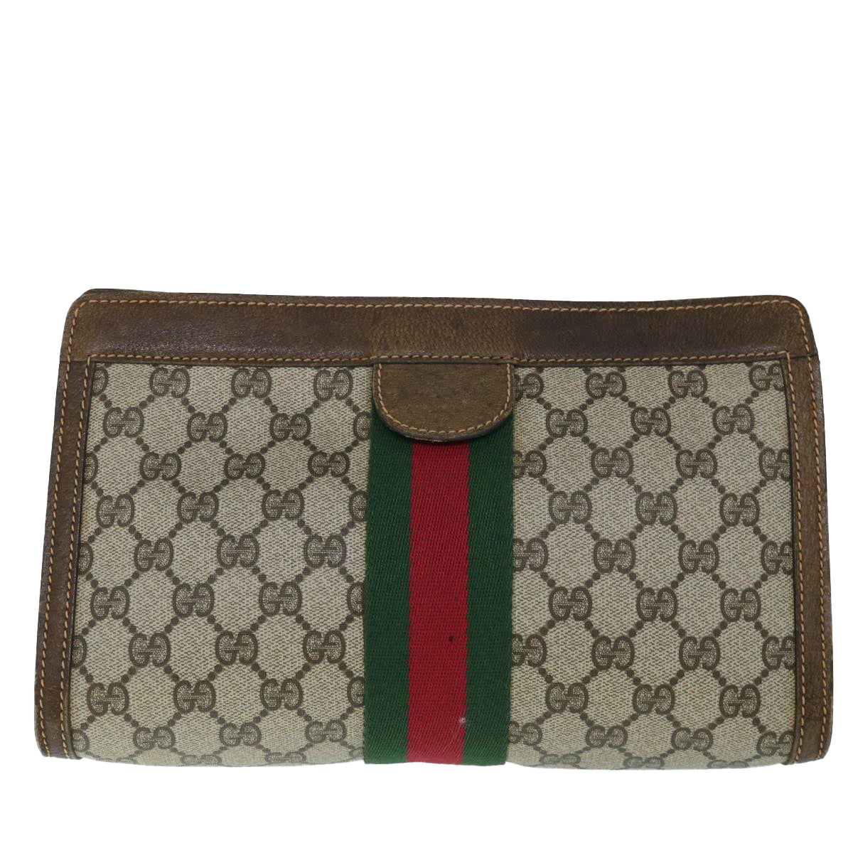 GUCCI GG Canvas Web Sherry Line Clutch Bag PVC Leather Beige Green Auth 54839