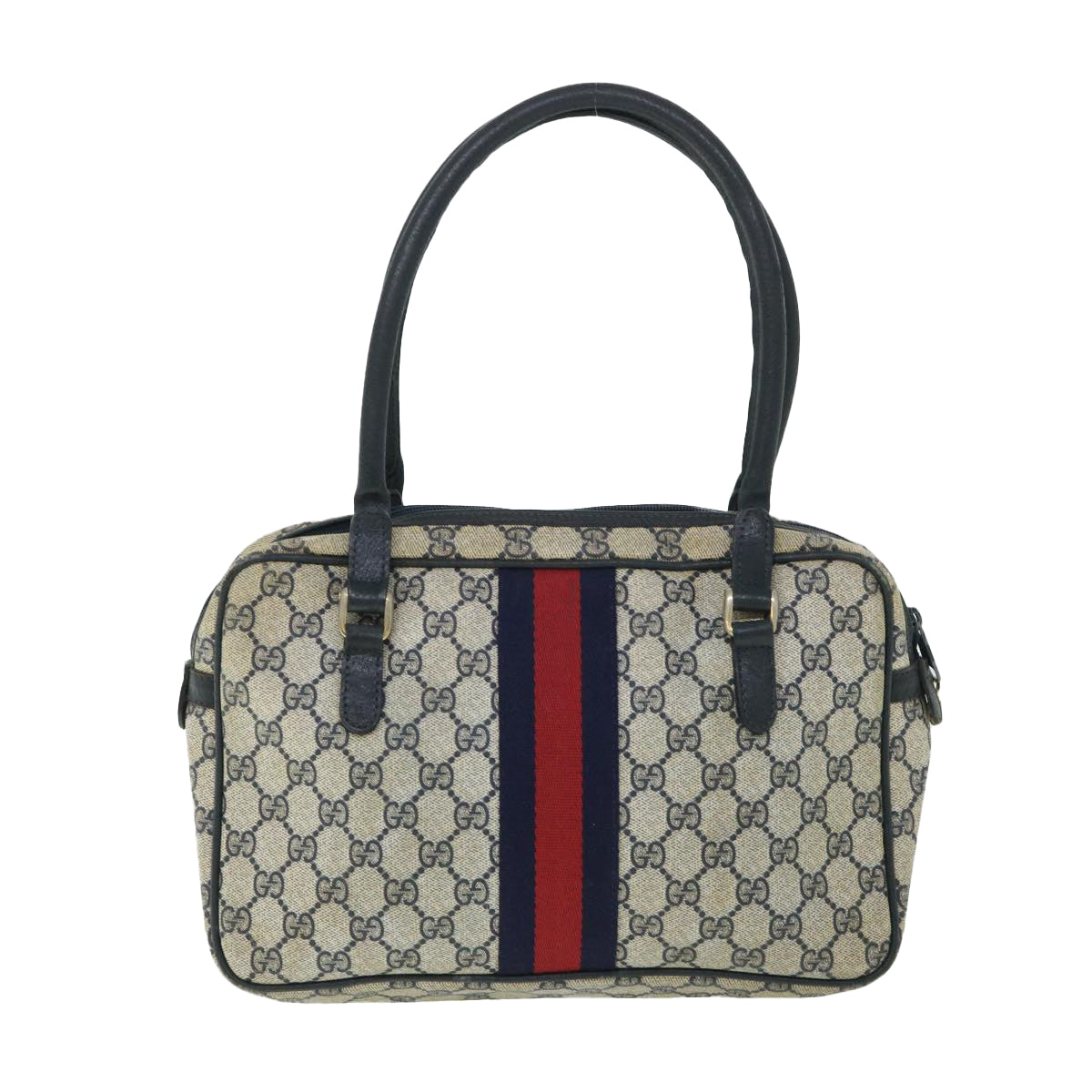 GUCCI GG Canvas Sherry Line Hand Bag PVC Leather Navy Red Auth 54884