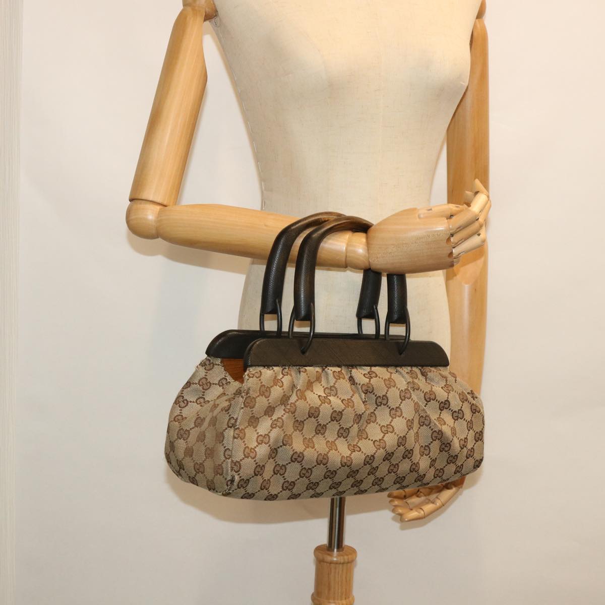 GUCCI GG Canvas Hand Bag Wood Beige Brown 112633 Auth 55422