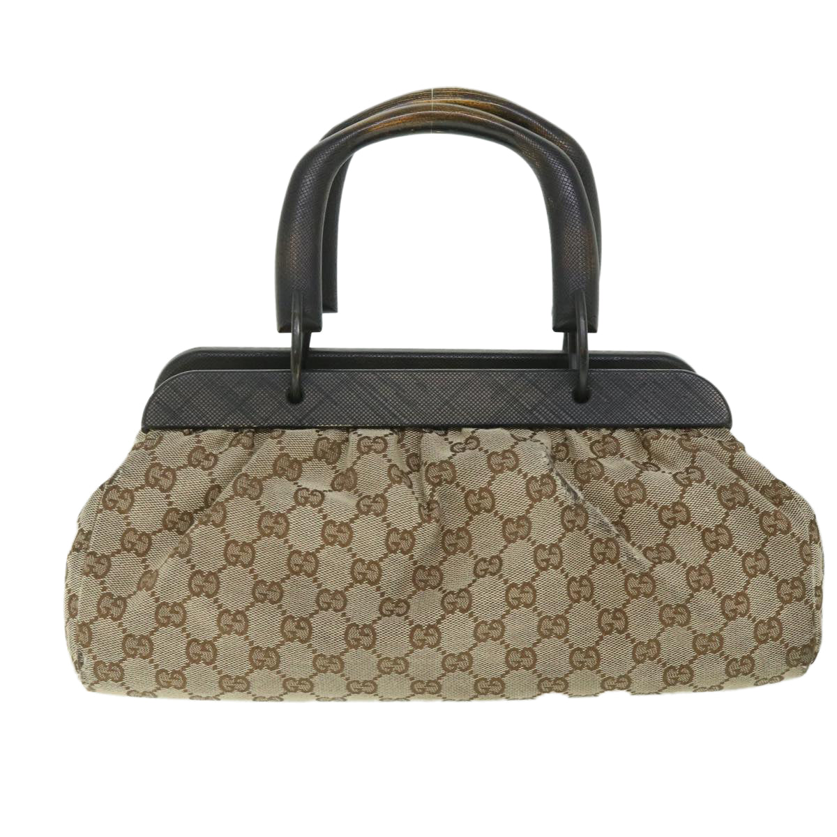 GUCCI GG Canvas Hand Bag Wood Beige Brown 112633 Auth 55422