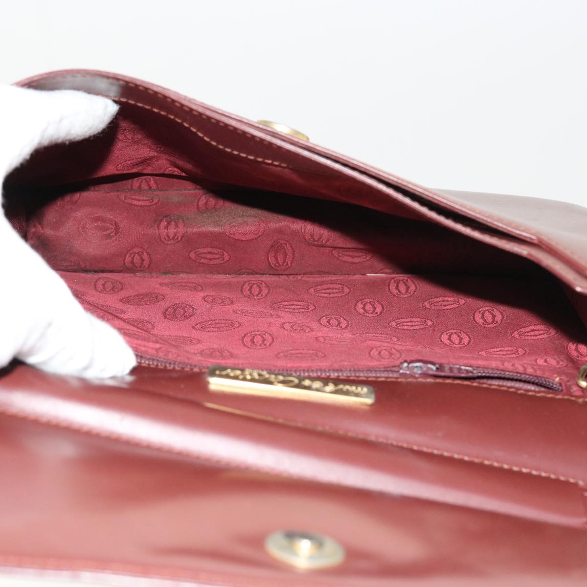 CARTIER Clutch Bag Leather Wine Red Auth 55608