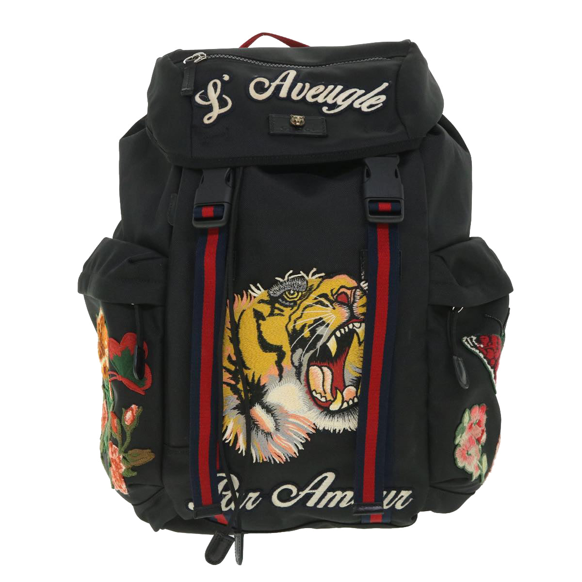 GUCCI Embroidered Tiger Web Sherry Line Backpack Nylon Black 429037 Auth 55638A