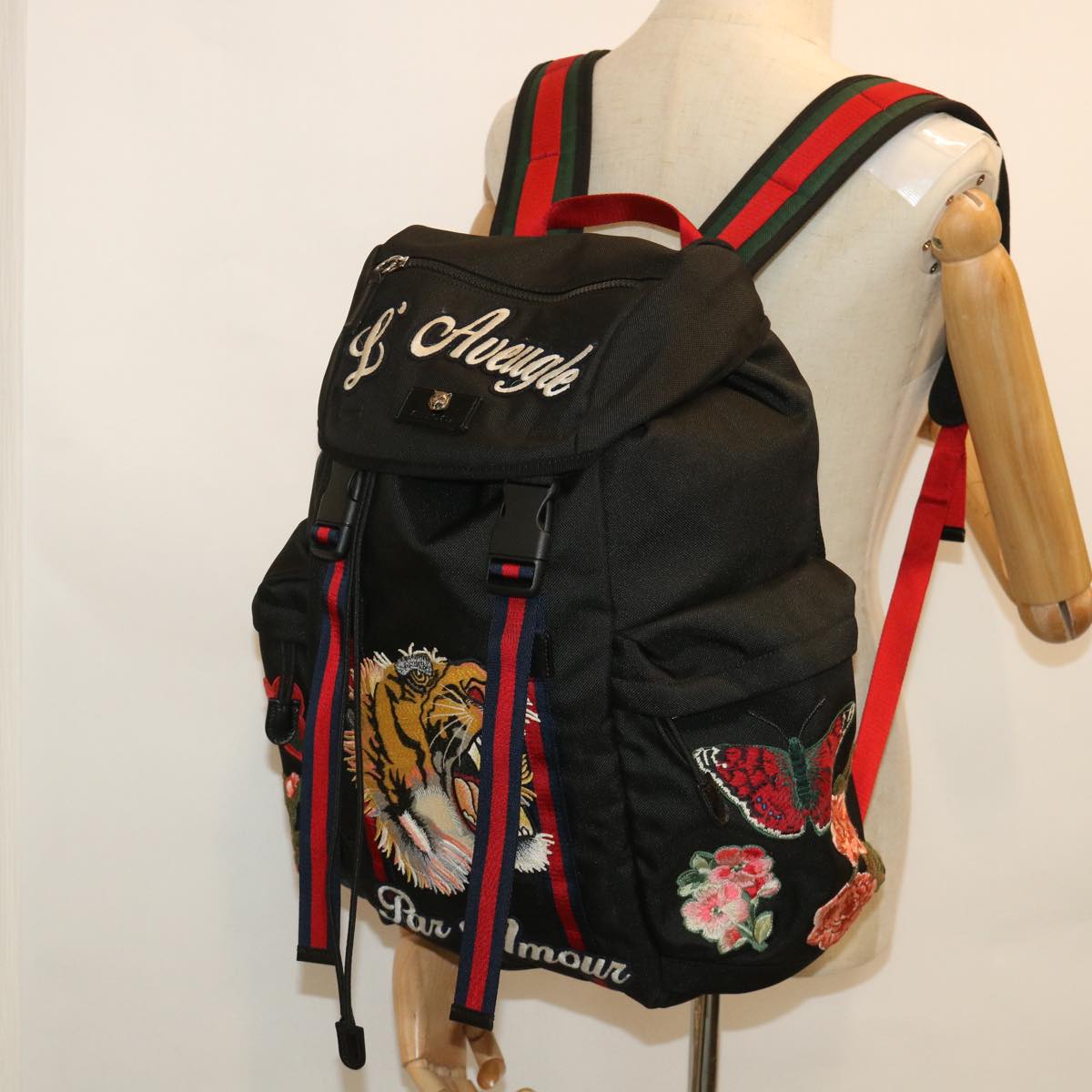 GUCCI Embroidered Tiger Web Sherry Line Backpack Nylon Black 429037 Auth 55638A