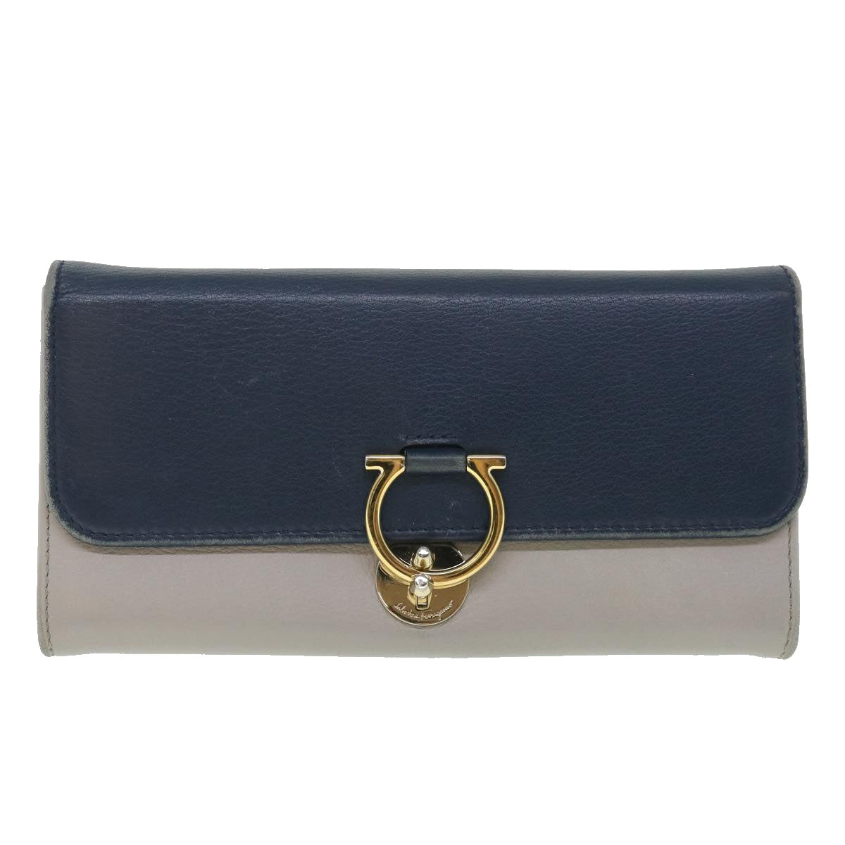 Salvatore Ferragamo Gancini Long Wallet Calf leather Navy Gray Auth 55675