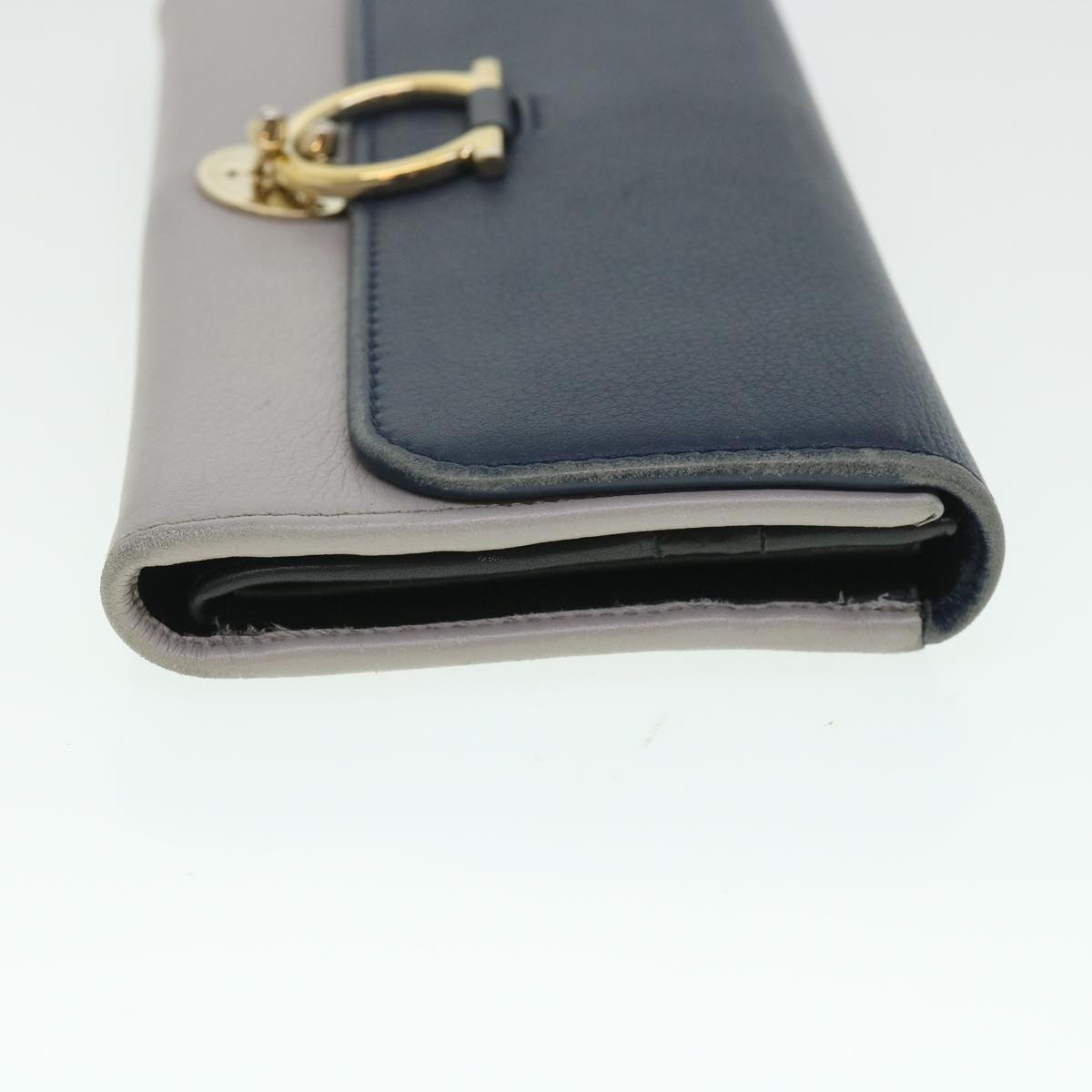 Salvatore Ferragamo Gancini Long Wallet Calf leather Navy Gray Auth 55675