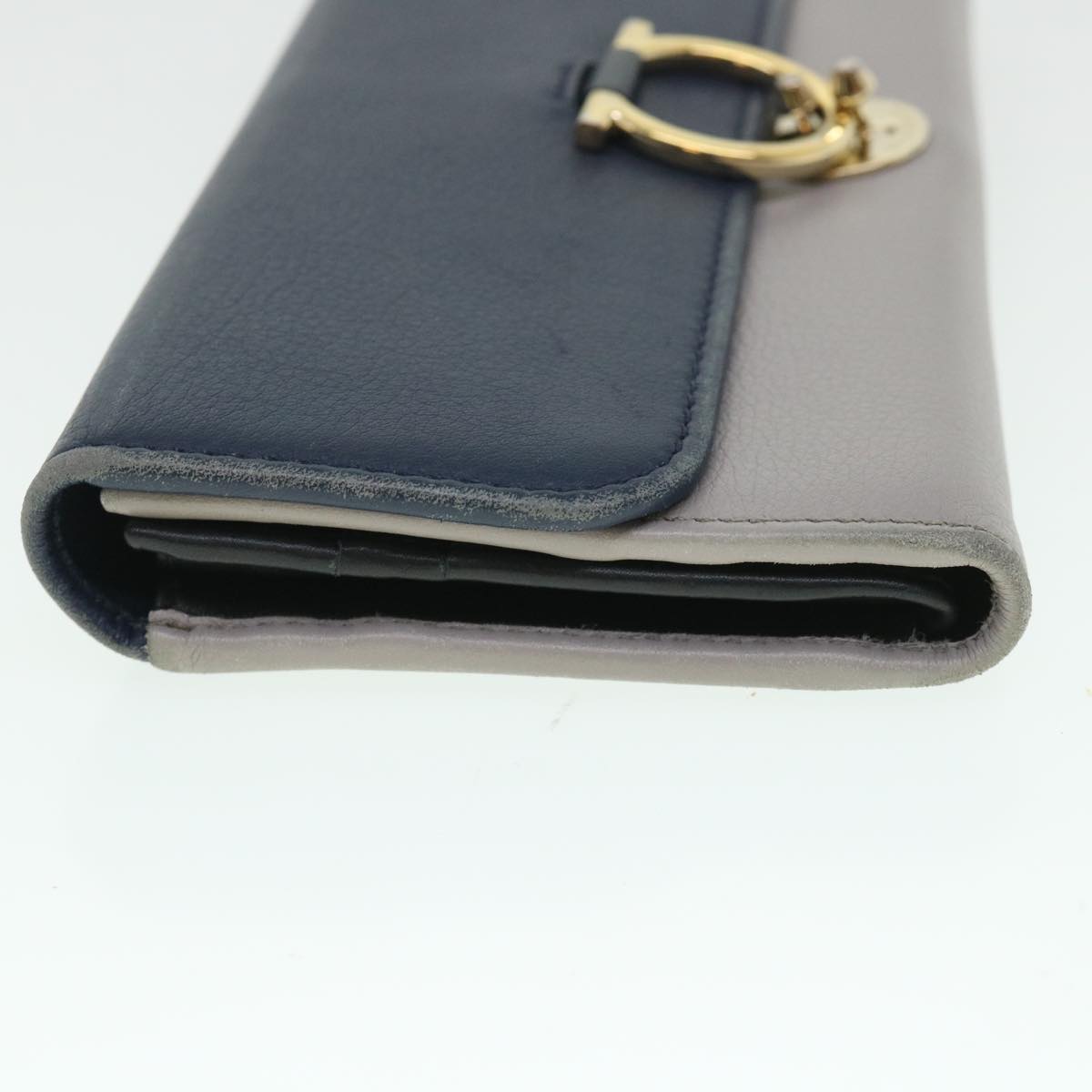 Salvatore Ferragamo Gancini Long Wallet Calf leather Navy Gray Auth 55675