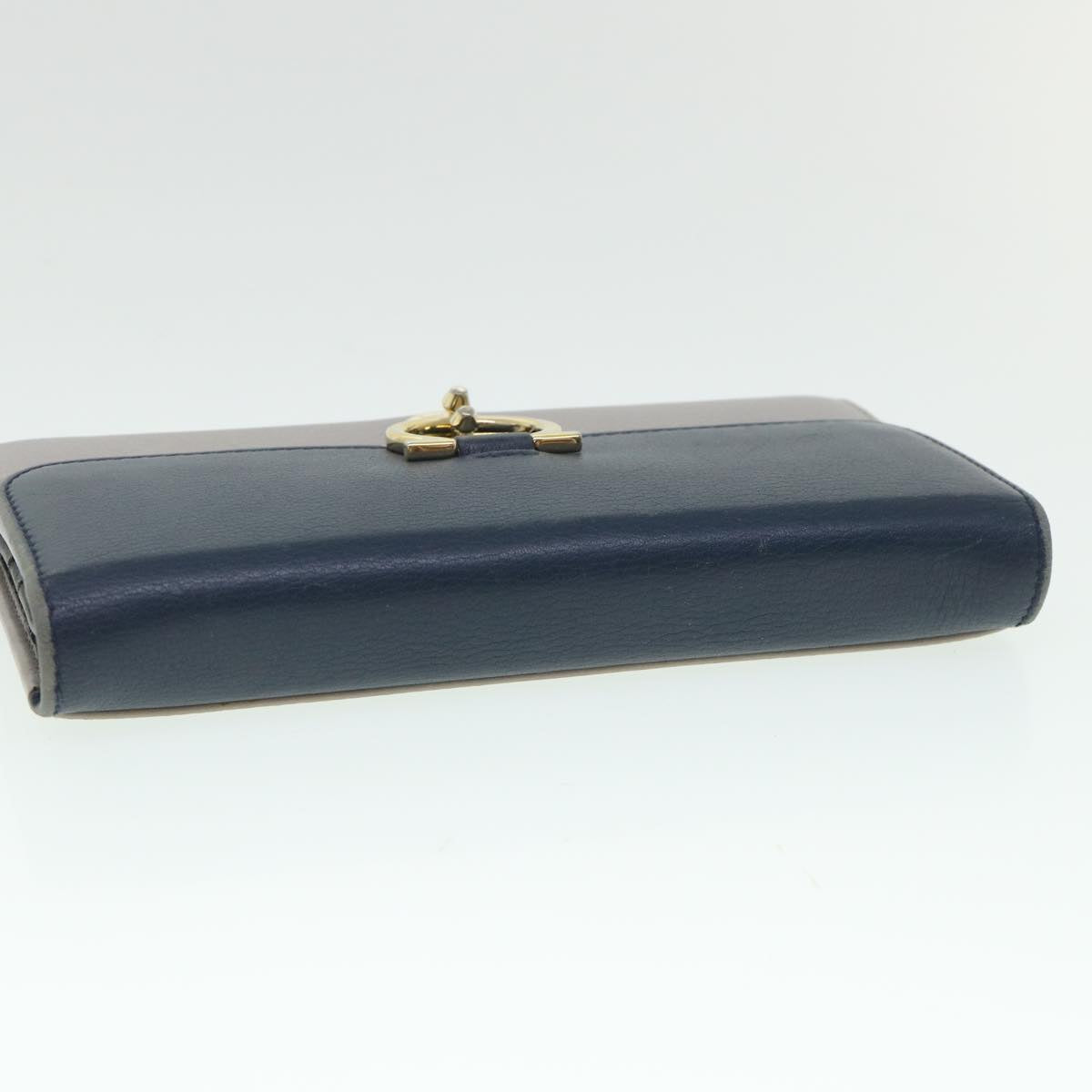 Salvatore Ferragamo Gancini Long Wallet Calf leather Navy Gray Auth 55675