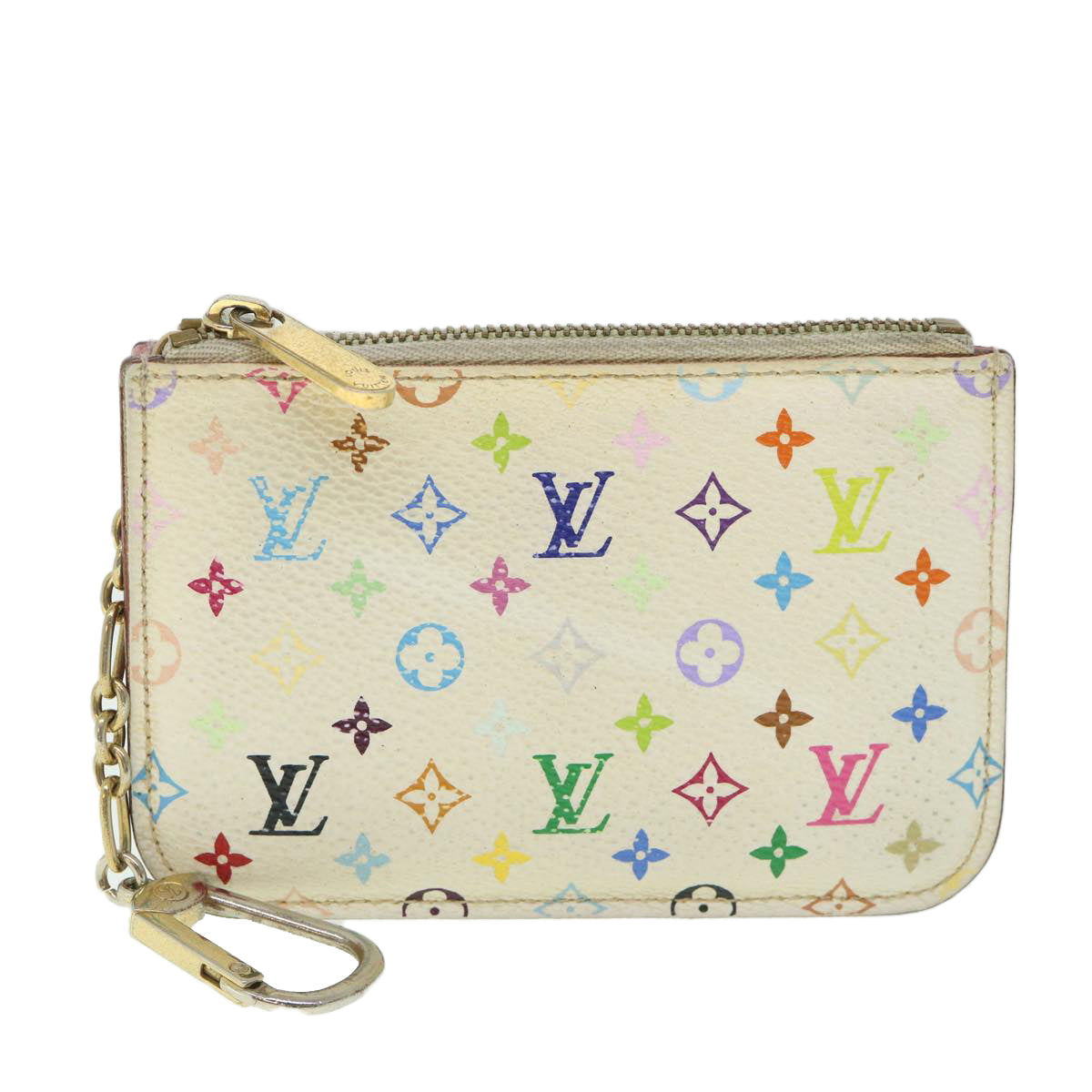 LOUIS VUITTON Multicolor Pochette Cles NM Coin Purse White M93734 LV Auth 55724