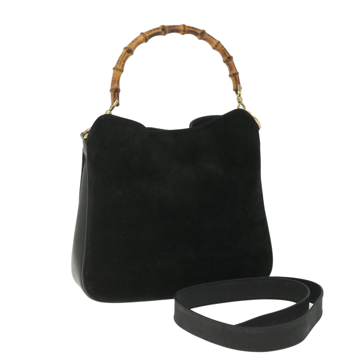 GUCCI Bamboo Shoulder Bag Suede 2way Black 001 2058 1638 0 Auth 56063