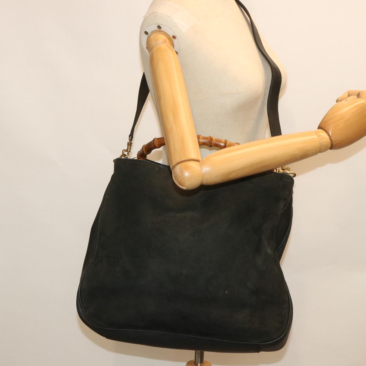 GUCCI Bamboo Shoulder Bag Suede 2way Black 001 1998 1577 Auth 56066