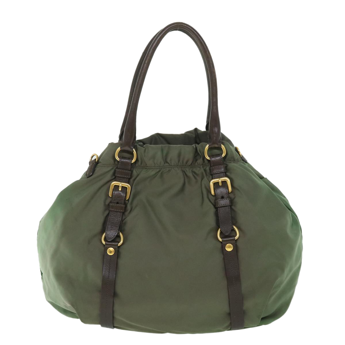 PRADA Hand Bag Nylon Leather 2way Green Brown Auth 56070